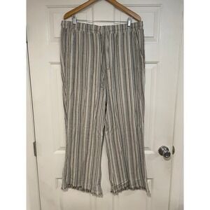 Linen Striped Wide Leg Loose Pullโ On Raw Hem Pants XL High Rise Beach Resort